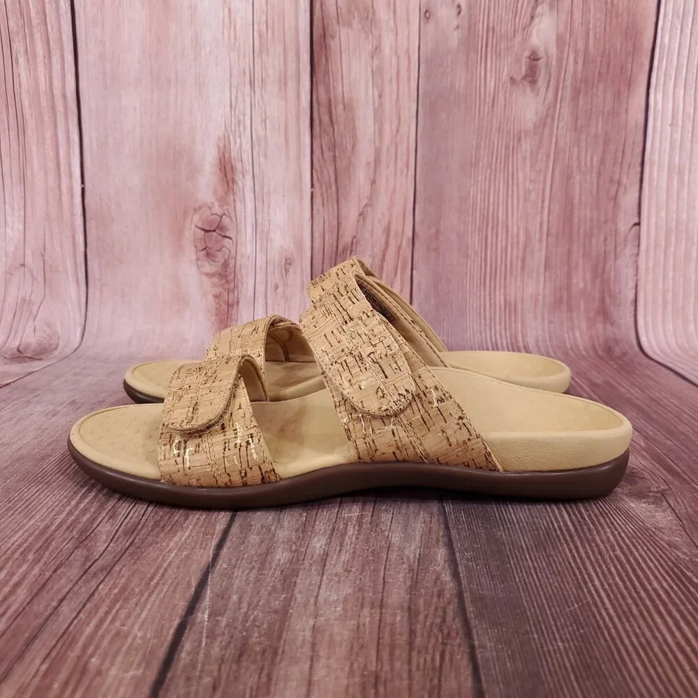 Vionic Shore Womens Size 9 Two Adjustable Straps Cork Sandals Slides Tan Comfort - Picture 2 of 14